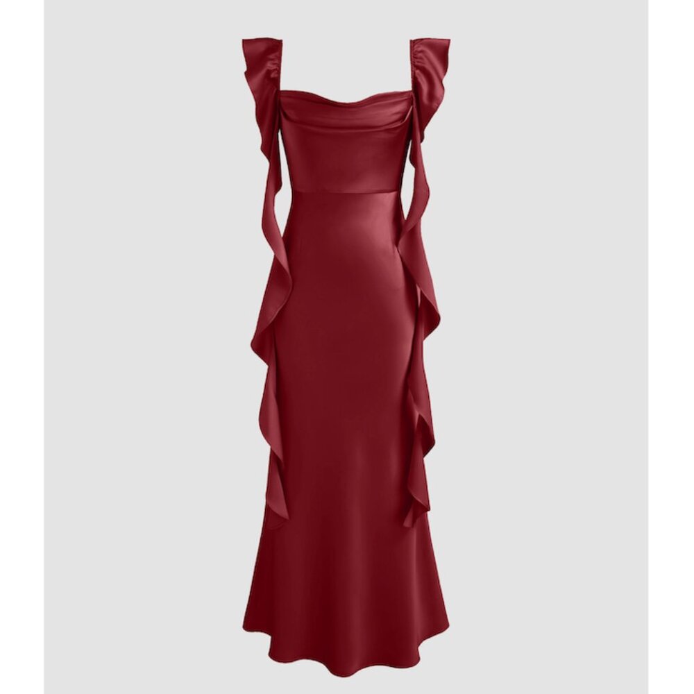 Cider Satin Cowl Neck Solid Ruffle Hem Maxi Dress